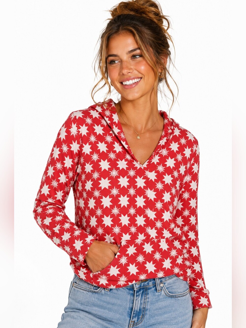 Anna Kay Fashions Red Star Print Lightweight Hoodie Medium patriotic 4th of July